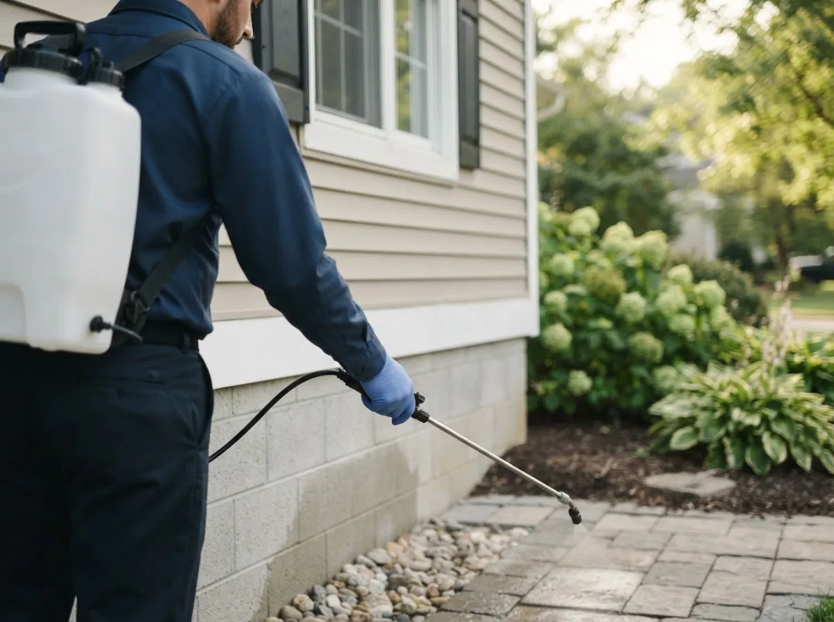 Pest control technician inspecting a home in Spring Arbor, MI
